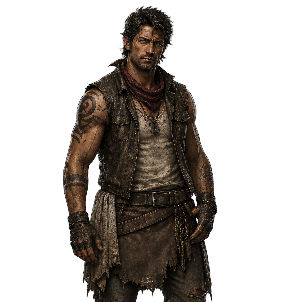 Echo the Innkeeper wearing a weathered vest, red neck scarf, work gloves, and wasteland gear