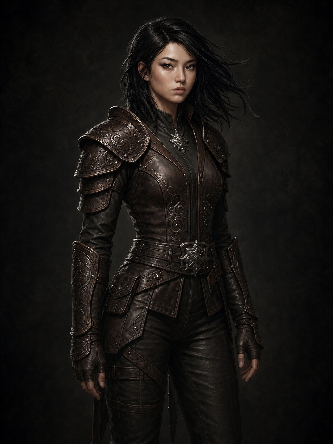 Lily wearing dark leather wasteland armor with ornate silver details