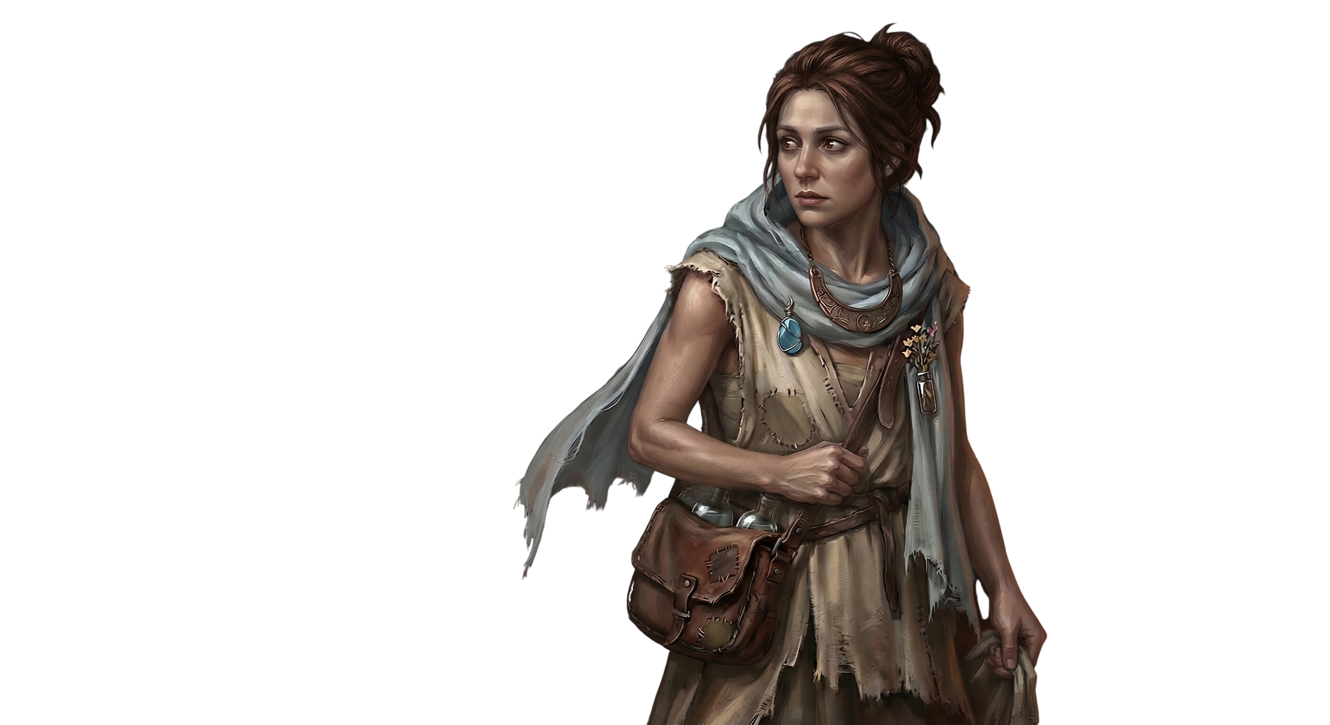Vesper Thorne, an anxious scavenger-trader wearing patched clothing and a pale blue scarf